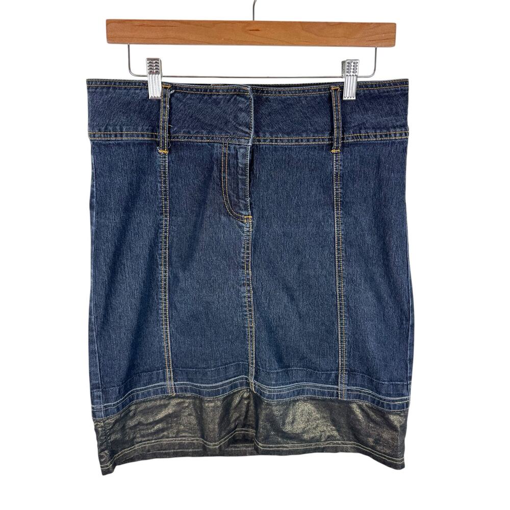Bisou Bisou Y2K 90s Jean Skirt Gold Shimmer Trim Knee Length Cotton Blend Sz‎ 10